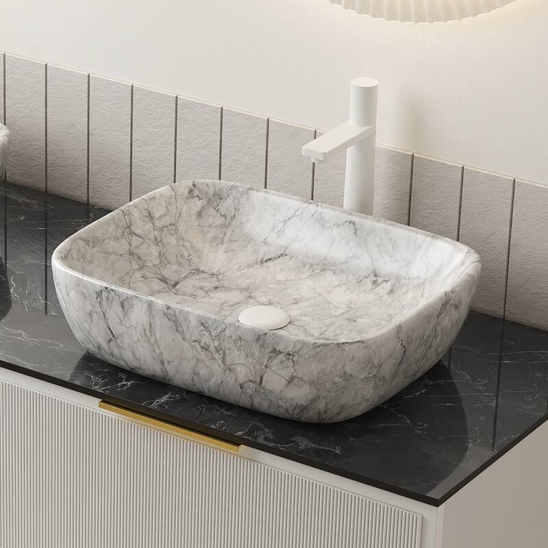 19" Bathroom Ceramic Sink without Cabinet, Volakas White Marble