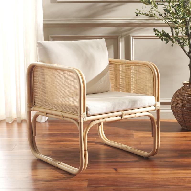 SAFAVIEH Alybeth Boho Coastal Solid Wood Accent Chair with Cushion - 26"W x 26"D x 26"H - White/Natural