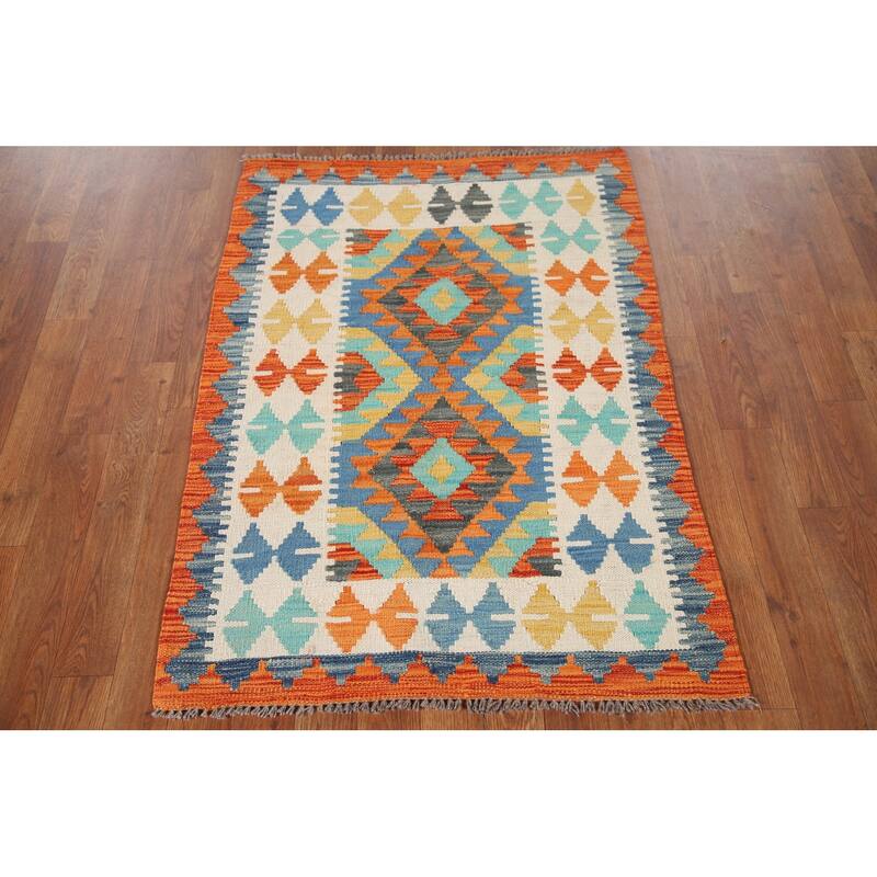Hand Woven Oriental 100% Wool Carpet Southwestern Geometric Multi-Colored Kilim Area Rug - 3' 8'' X 2' 7''