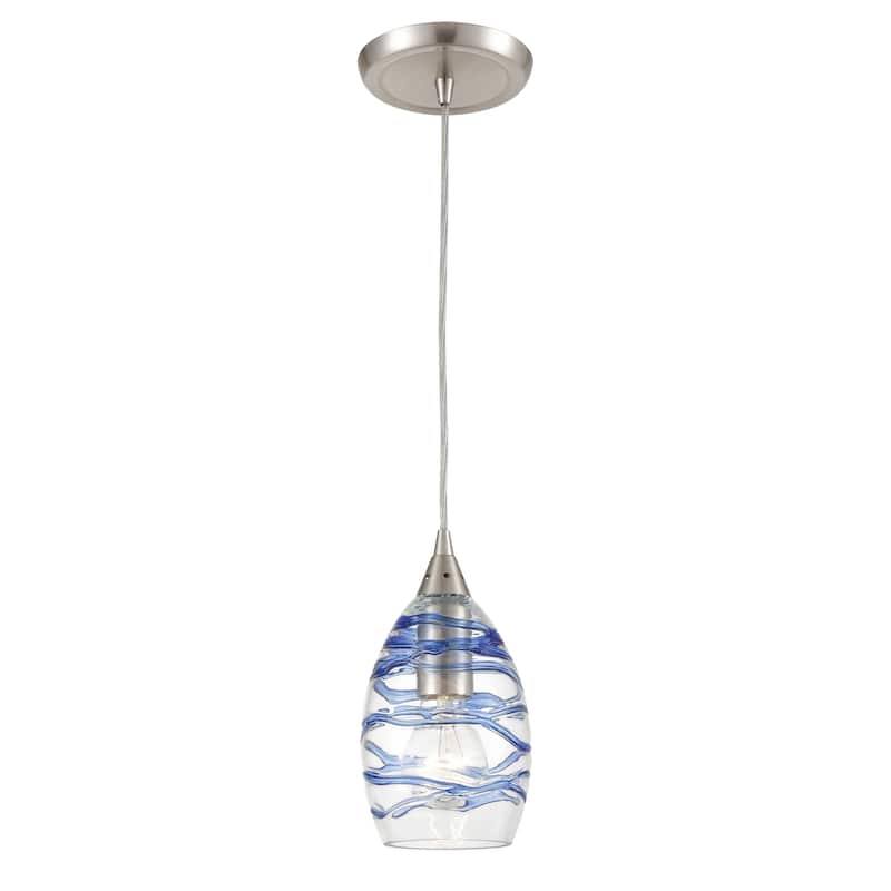 Vines 5-inch Wide 1-Light Pendant in Satin Nickel and Colored Glass - 5 in. Wide - Clear and Blue Swirl Glass