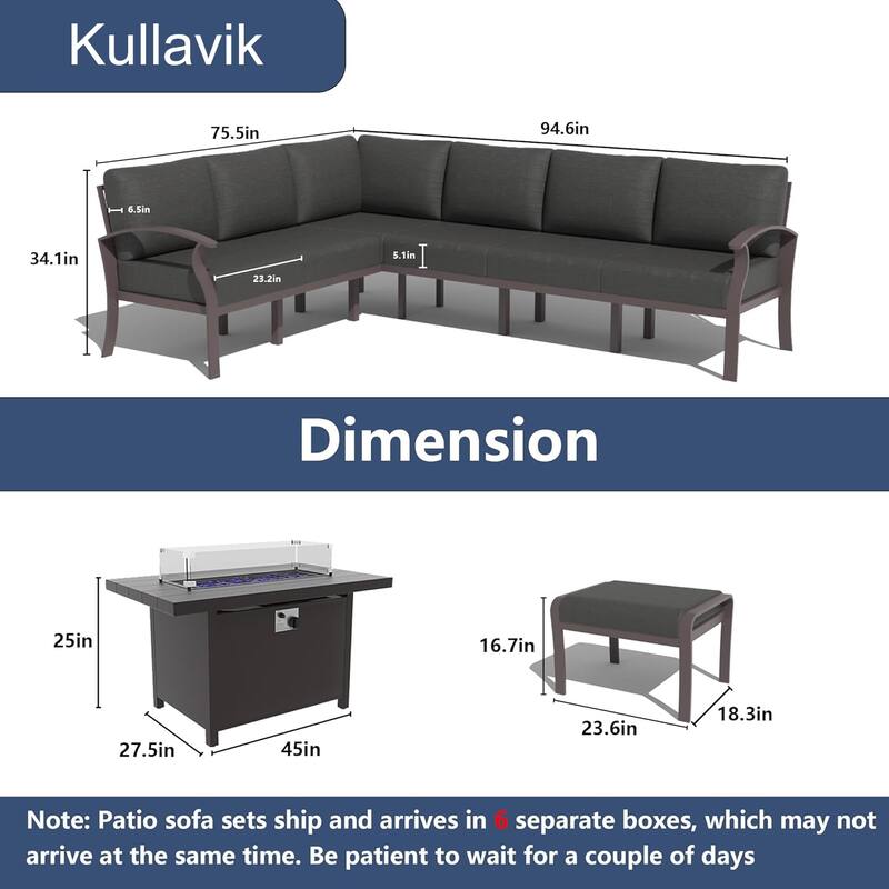 Kullavik Aluminum Corner Sofa Set, Patio Outdoor Sectional Sofa Set with Armrests and Footrests