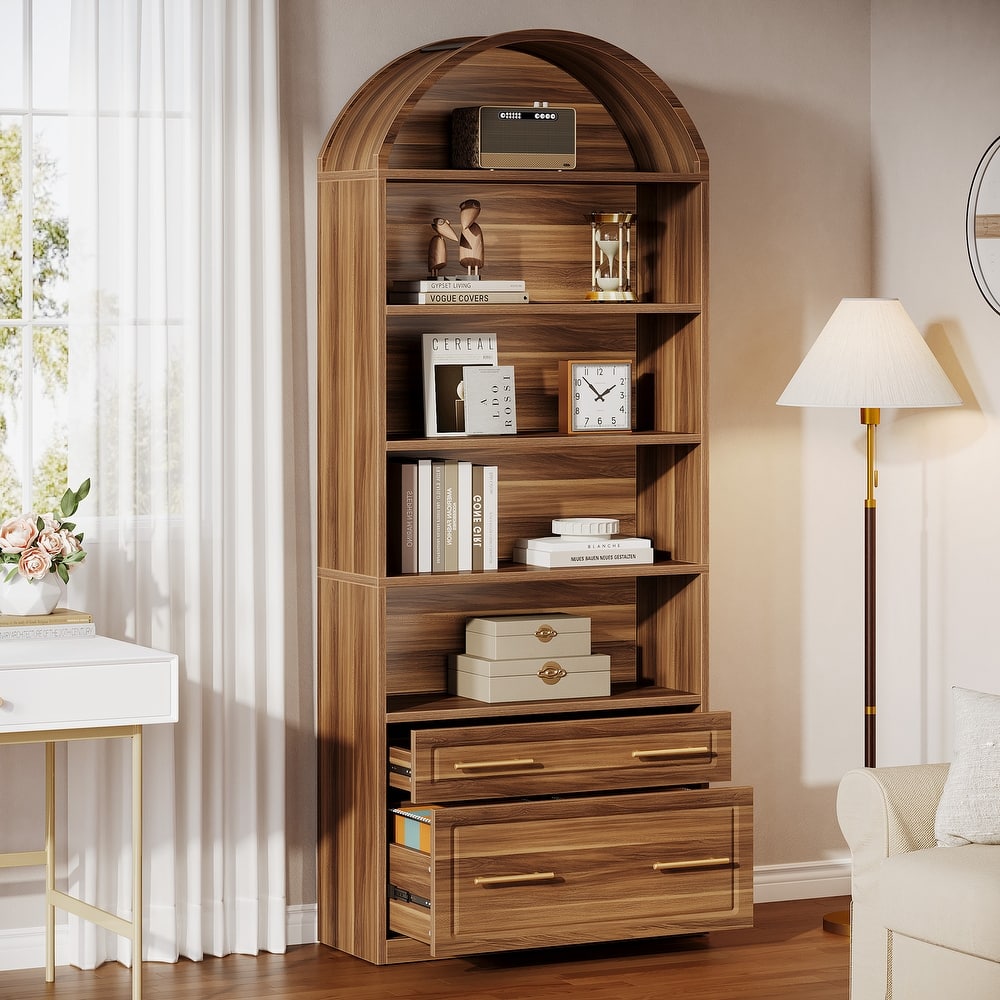 5-Tier White Arched Bookshelf with File Cabinet Drawer, 76.8" Tall Freestanding Wooden Bookcase