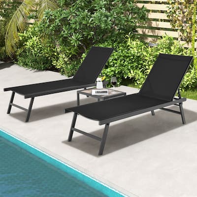 Outdoor 3 Piece Chaise Lounge Set with Coffee Table, Adjustable Reclining Patio Chairs Black - 62" x 24" x 42.5"