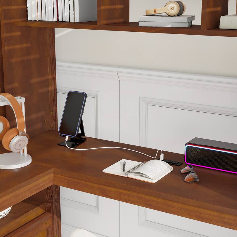 Full Size Wood Loft Bed with Desk, Wardrobe and Storage Staircase, USB Charging Station, Safety Guardrails