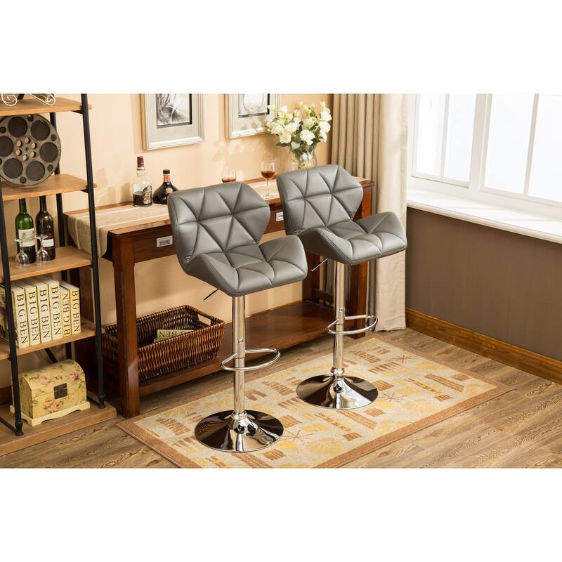 Adjustable Height Hidraulic Bar Stools Set of 2, Counter Height Faux Leather Chair with Footrest for Kitchen Island, Dining Room