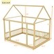 preview thumbnail 7 of 11, Natural Full Size Pine Wood Floor Wooden Bed with House Roof Frame and Safety Guardrails