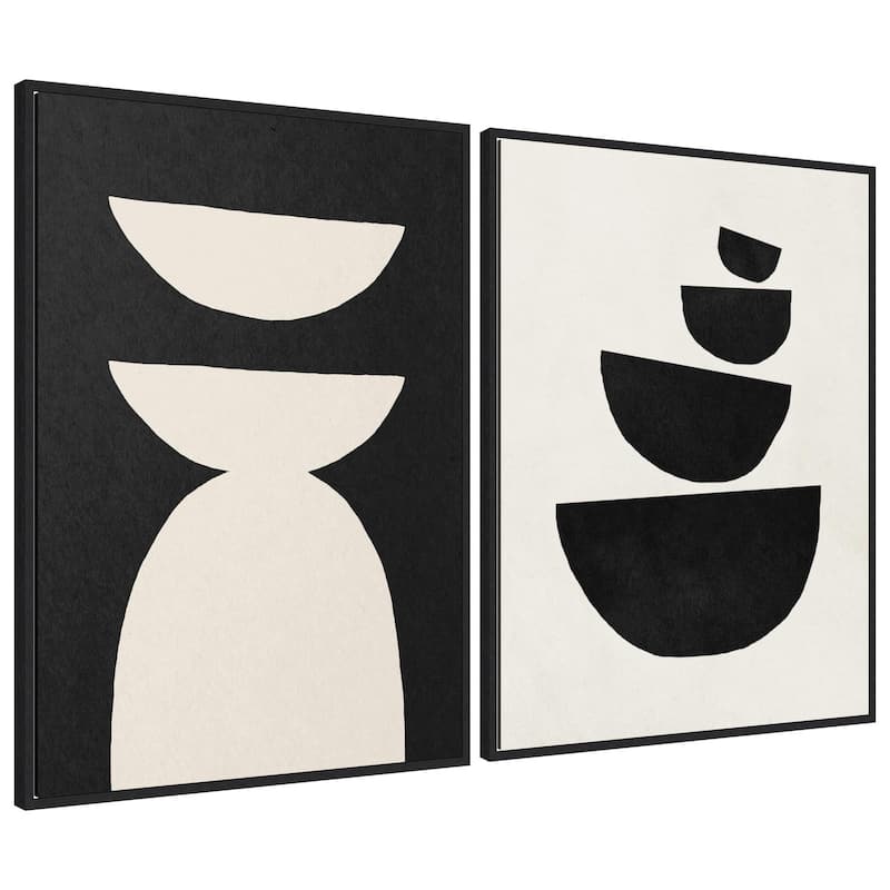 Kate and Laurel Sylvie White Geometric Abstract and Black Geometric Abstract Framed Canvas Art Set by July Art Prints - 2 Piece Set 28x38 - Black
