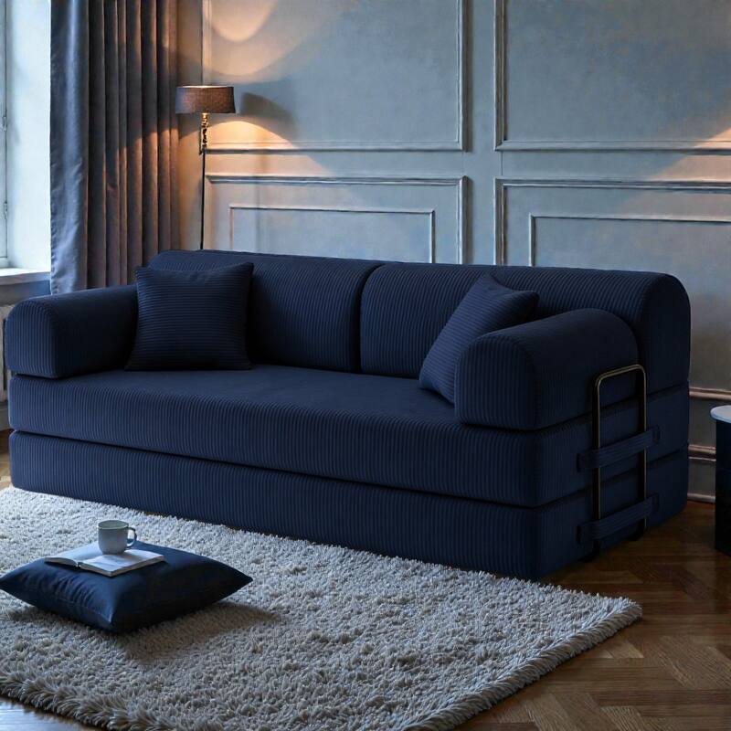 Convertible Sleeper Sofa Bed, 4-in-1 Corduroy Folding Floor Couch with Cylindrical Pillow, 2-Seat Space-Saving Lounge Sofa