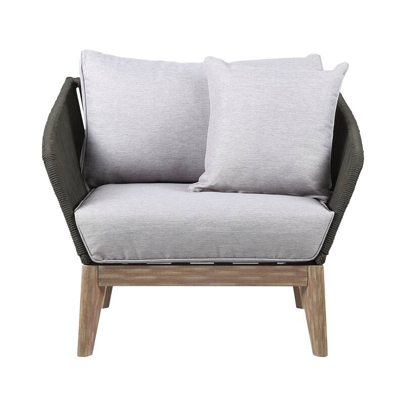 Athos Solid Eucalyptus Wood and Charcoal Rope Outdoor Patio Club Chair with Cushions