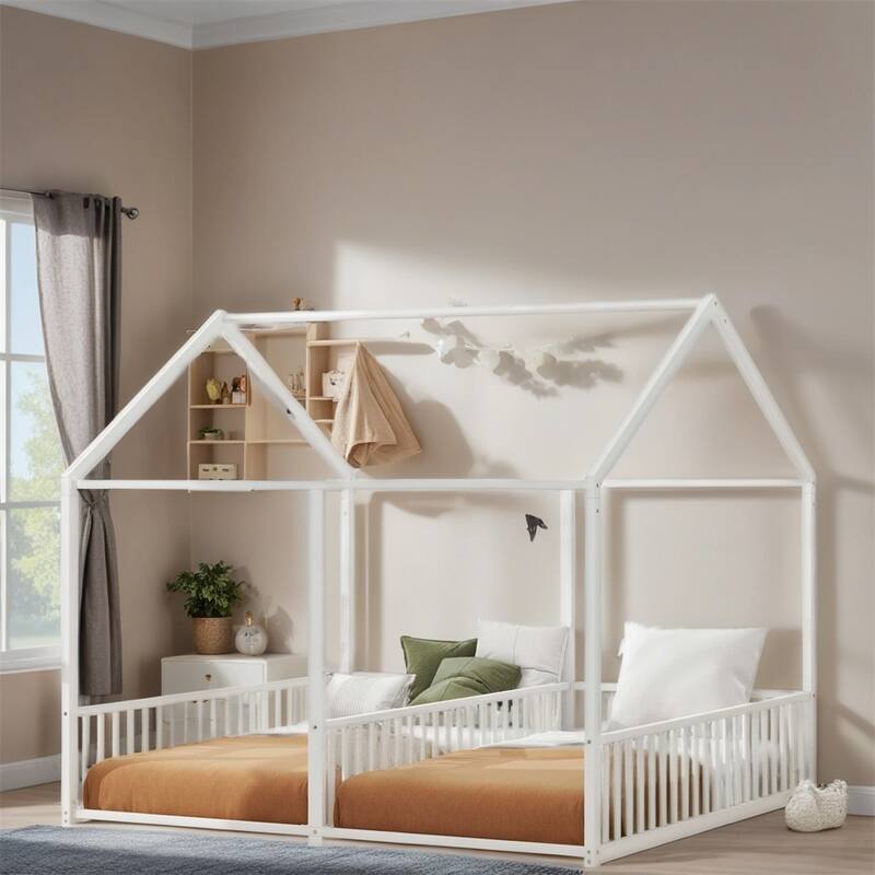 Twin Size Metal House Platform Beds with Two Shared Beds