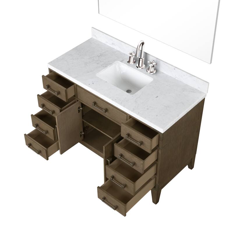 Lexora Laurel Bath Vanity, Carrara Marble Top, Faucet Set, and Mirror
