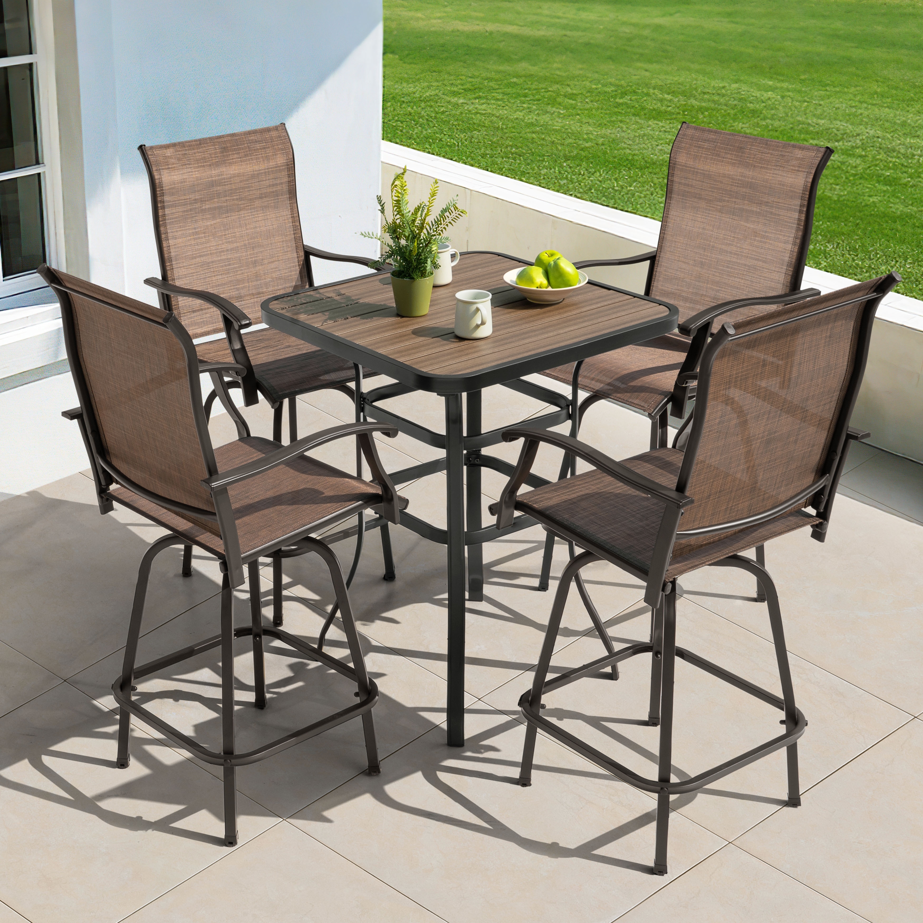 Nuu Garden Patio Textilene Bar Set of 5, Height Back Bar Stools and Faux Wood Tabletop