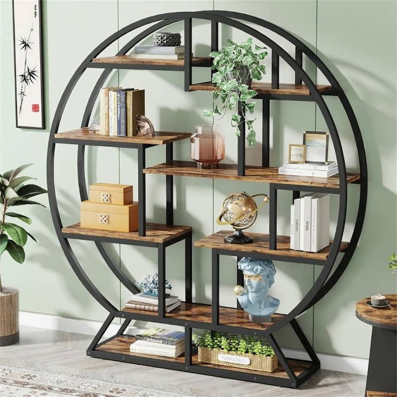 Industrial 14-Tier Bookshelf with Staggered Shelves - Rustic Brown