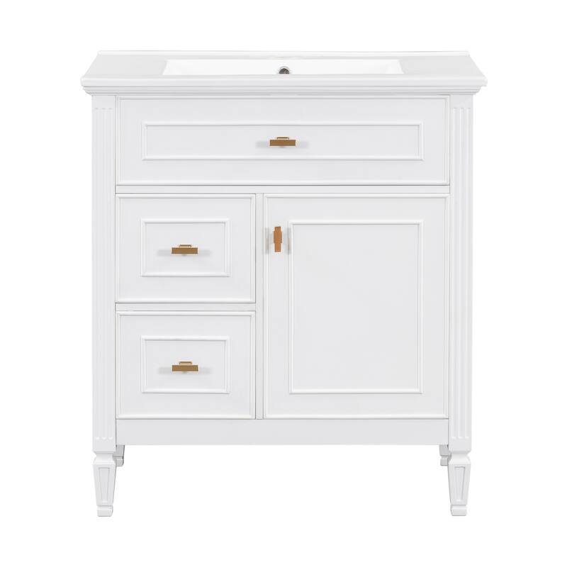 Roomfitters 30" Bathroom Vanity with Ceramic Sink, Solid Wood Frame with Flip Drawer, 2 Side Drawers & Adjustable Shelf