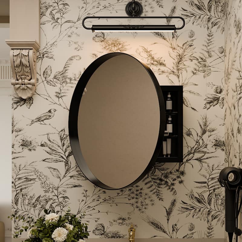 23.6 Inch Surface Mount Round Medicine Cabinet with Mirror and Adjustable Shelves Black Wall Mirror with Storage for Bathroom - Black