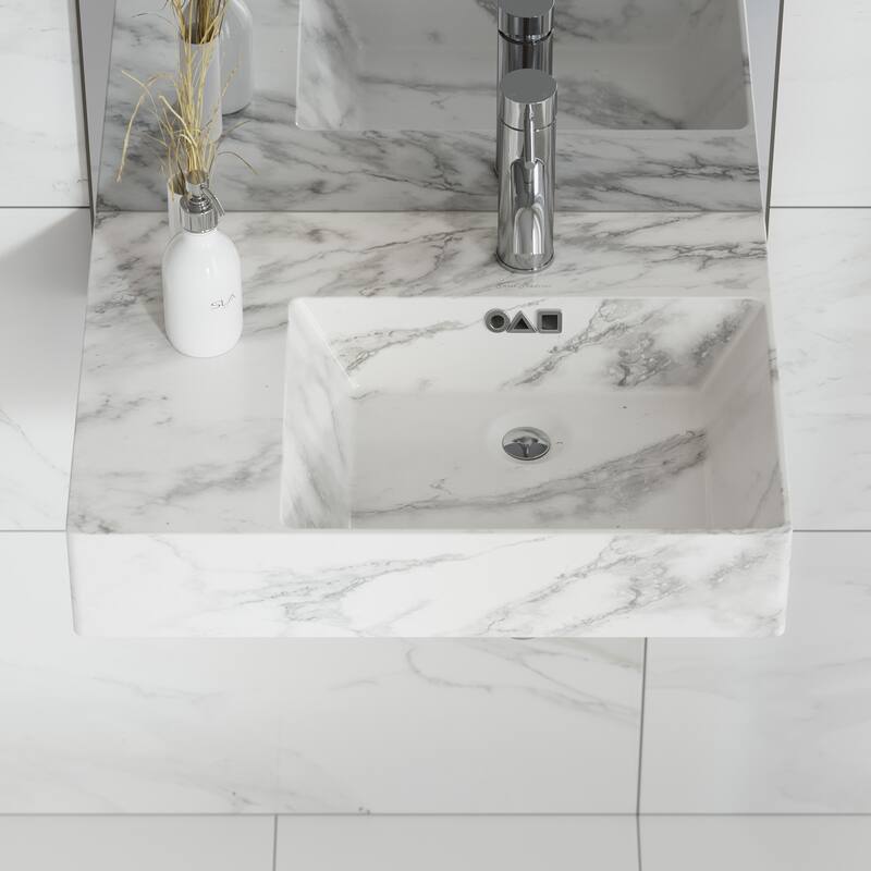 Angers 24" Right Side Faucet Wall-Mount Bathroom Sink In White Marble - 23.63" x 16.13" 5.75"