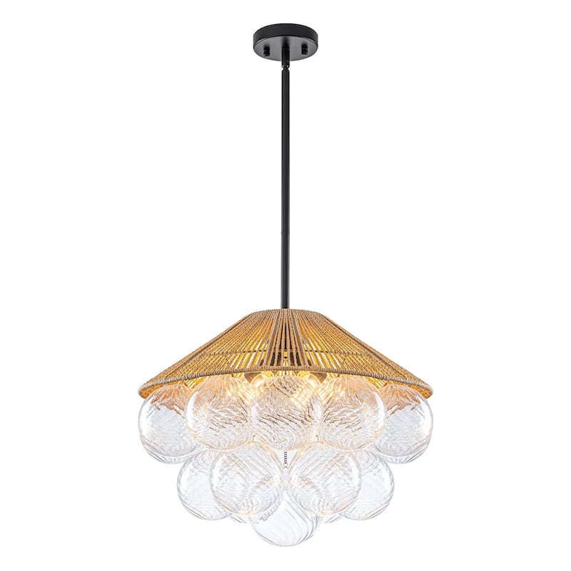 20.5" 4-Light Farmhouse Rope Chandelier Cone Shades Clear Glass Balls - Dia.20.5-in