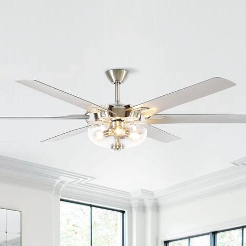 70" Silver Wooden 6-Blade Glass LED Ceiling Fan with Remote