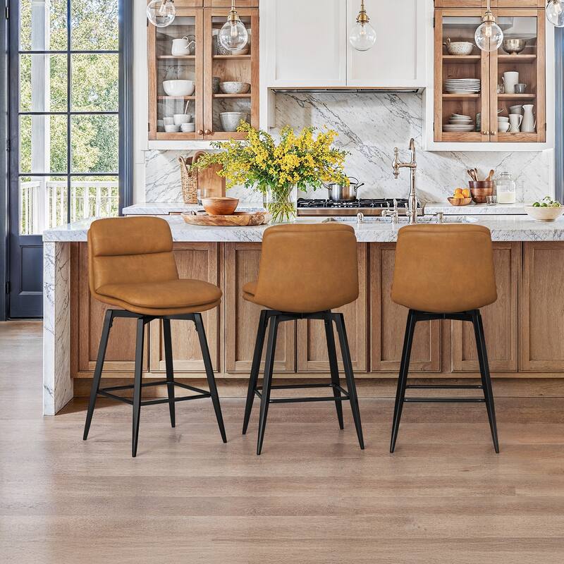 360°Swivel Bar Stools Set of 2/3/4, 26" H Seat Height with, Faux Leather Barstool for Kitchen Island and Home Bar Brown