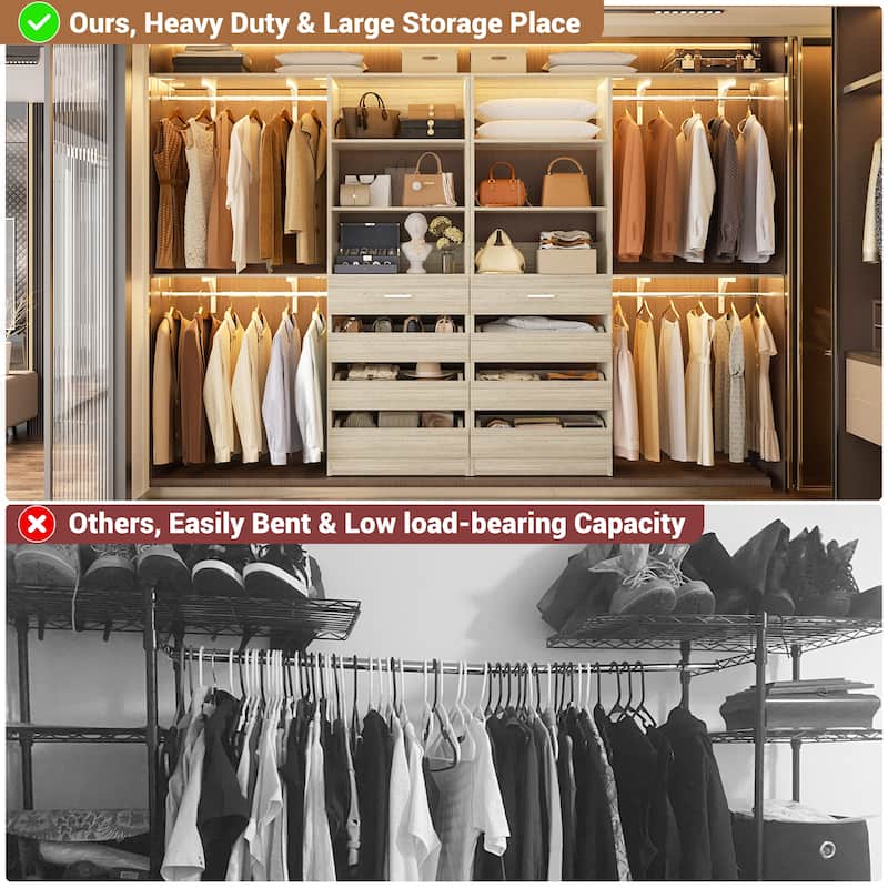 Set of 2 Closet System with Wooden Drawers and Hanging Rods, Closet Organizer with Adjustable Storage Shelves