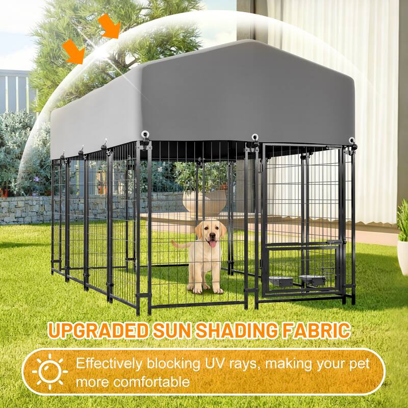 GDFStudio - Large Outdoor Heavy Duty Metal Dog Kennel with Roof, UV-Resistant Waterproof Cover, Double Lock & Rotating Feeder