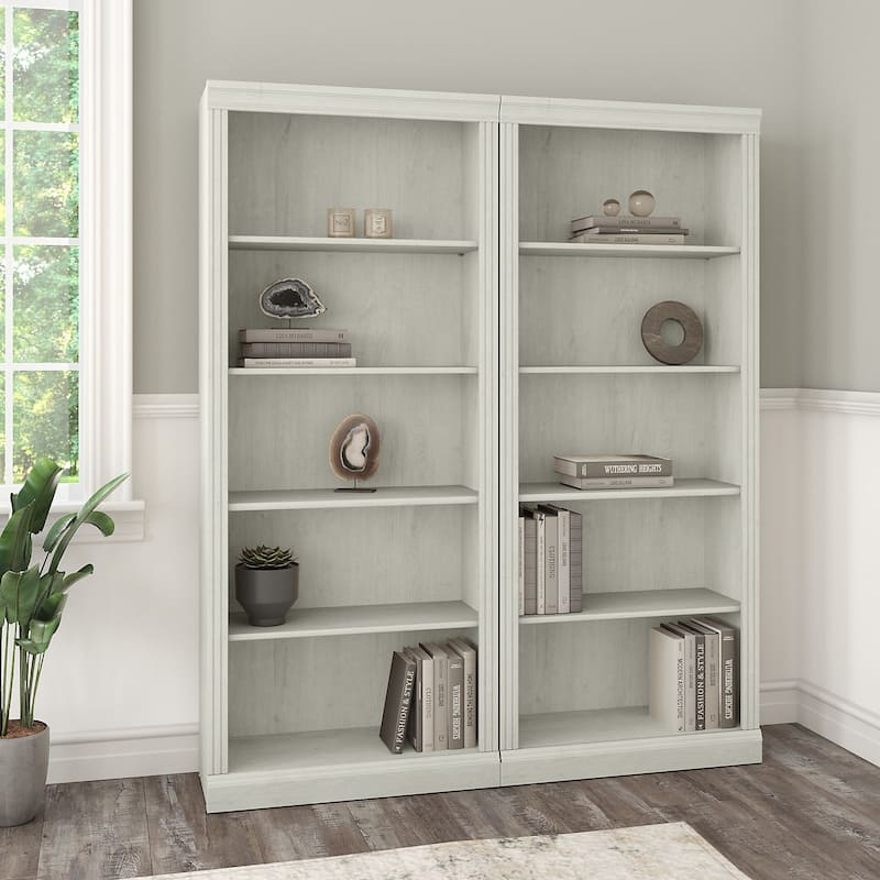 Saratoga Tall 5 Shelf Bookcase - Set of 2 by Bush Furniture - Linen White Oak
