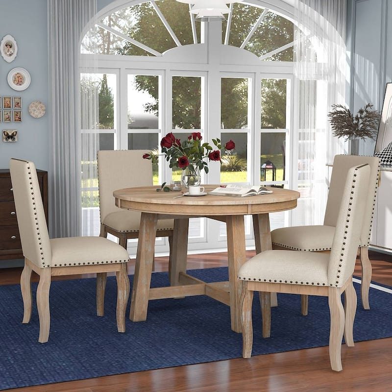 5 PCS Farmhouse Dining Table Set of 4 Chairs, Extendable