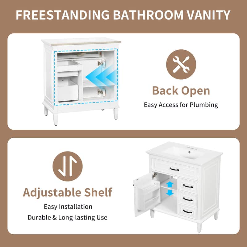 30 Inch Bathroom Vanity with Ceramic Sink Top, Flip Drawers, Freestanding Storage Cabinet (Faucet Not Included)