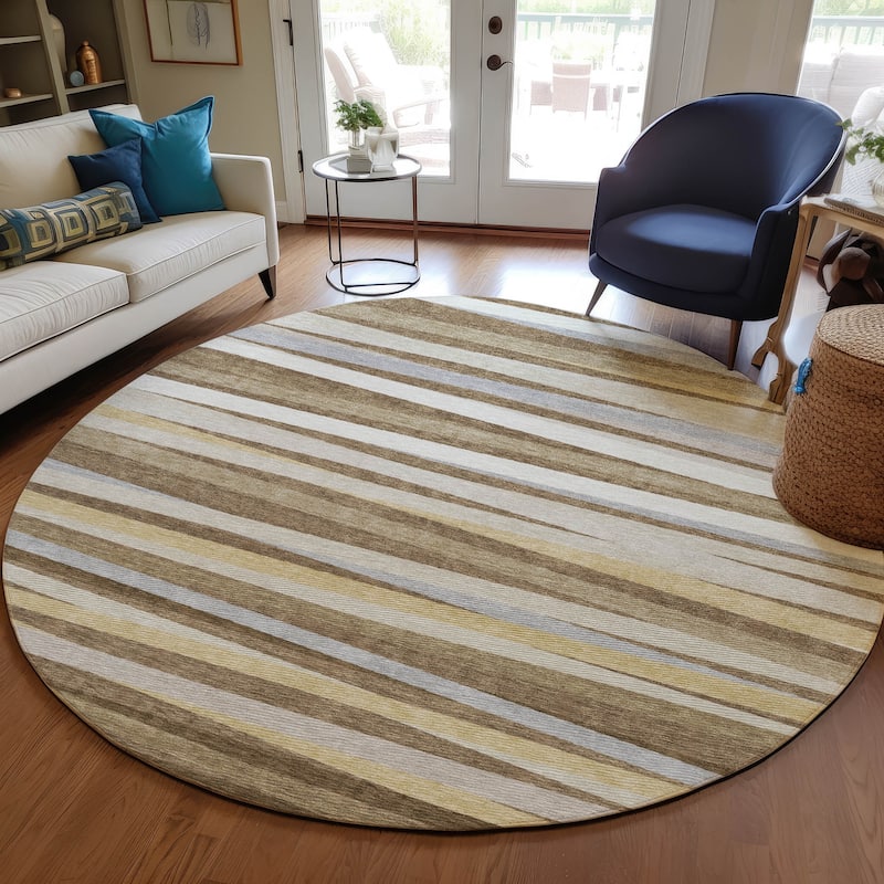 Machine Washable Indoor/ Outdoor Modern Stripes Chantille Rug - Brown - 8' x 8'