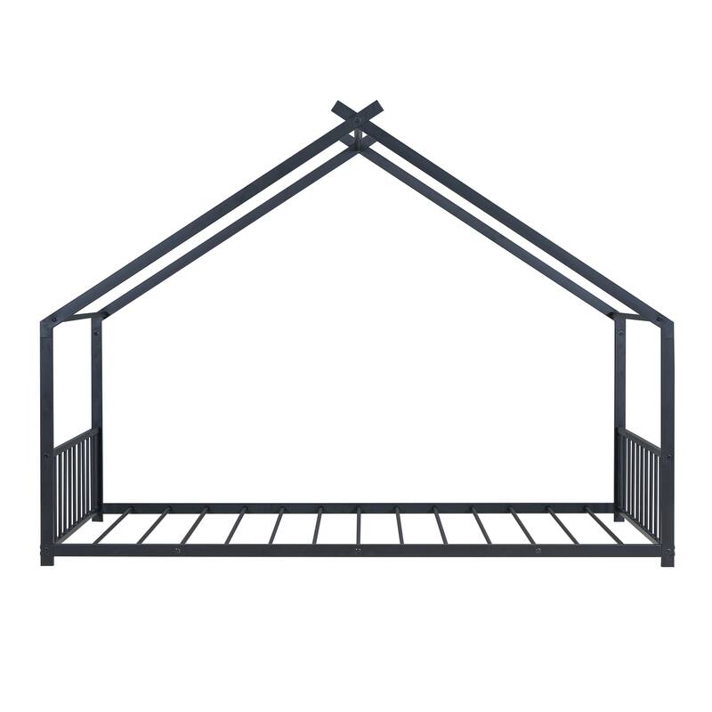 Twin Size Metal House Bed with Roof for Kids, Sturdy Frame, No Box Spring Needed