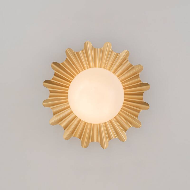 Art Deco Gold Sunburst 1-Light Milky Glass Globe Semi Flush Mount