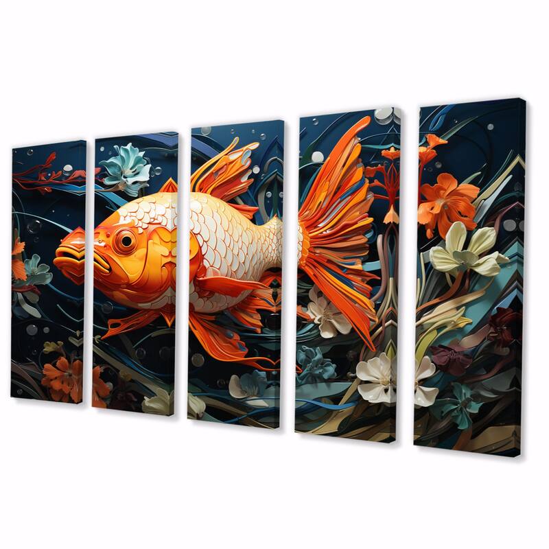 Designart "Geometric Orange Fish I" Animals Multipanel Canvas Print set