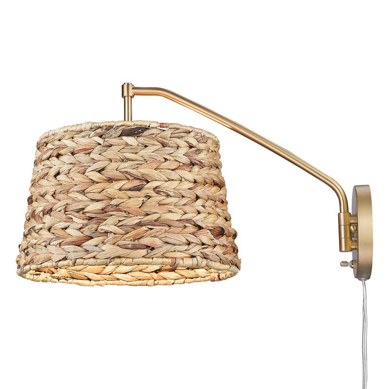 Wry Lighting Ryleigh 1-light Swing Arm in Brushed Champagne Brass and Woven Sweet Grass - 1 Light Articulating Wall Sconce
