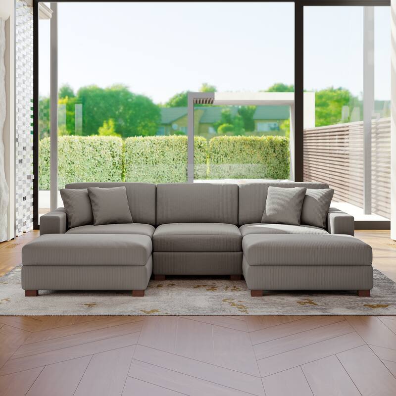 Modular Corduroy Sectional Sofa Set Chaise Couch with Ottoman