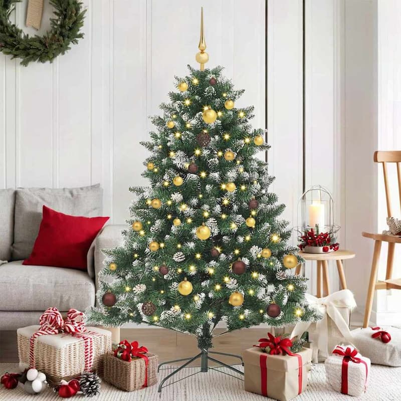 vidaXL Artificial Christmas Tree - Green with LEDs and gold/bronze balls - 5 Foot