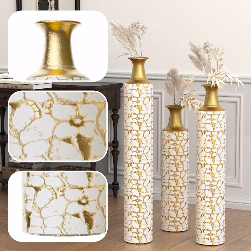 Floor Metal Decorative Vase Tall Distressed Metallic Centerpiece Vases with Pattern, Set of 3 Vases