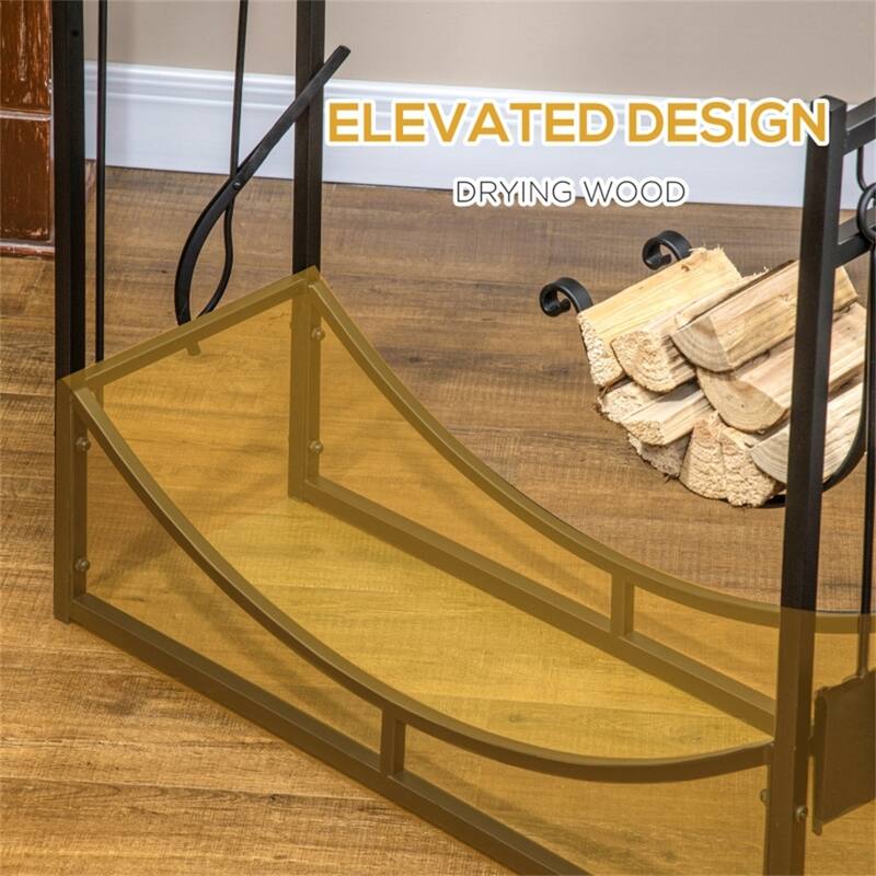 Steel Firewood Rack with Elevated Shelves and Fireplace Tool Set Indoor and Outdoor Black - 33" L x 13" W x 30" H