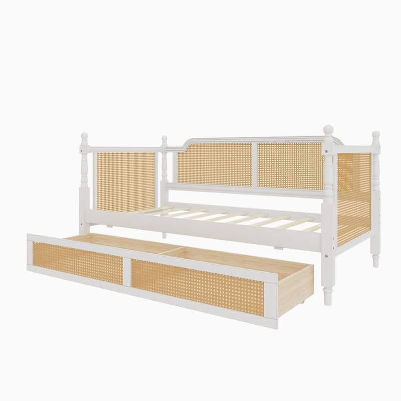 Vintage Rattan Wooden Daybed with 2 Drawers