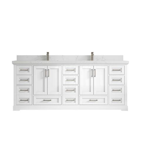 Willow Collection 84 in W x 22 in D x 36 in H Boston Double Bowl Sink Bathroom Vanity with Quartz or Marble Countertop