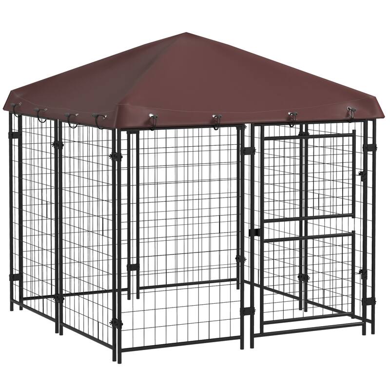 Metal Dog Kennel for Outdoor Use, 4.6' x 5' Dog Playpen with Shade & Two-Part Door for Small Pets - Brown - 4.6W x 4.6D x 5H ft