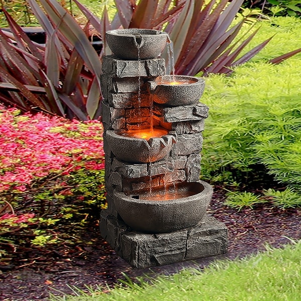 Peaktop - Outdoor Stacked Stone Tiered Bowls Fountain w/ LED Light. Opens flyout.