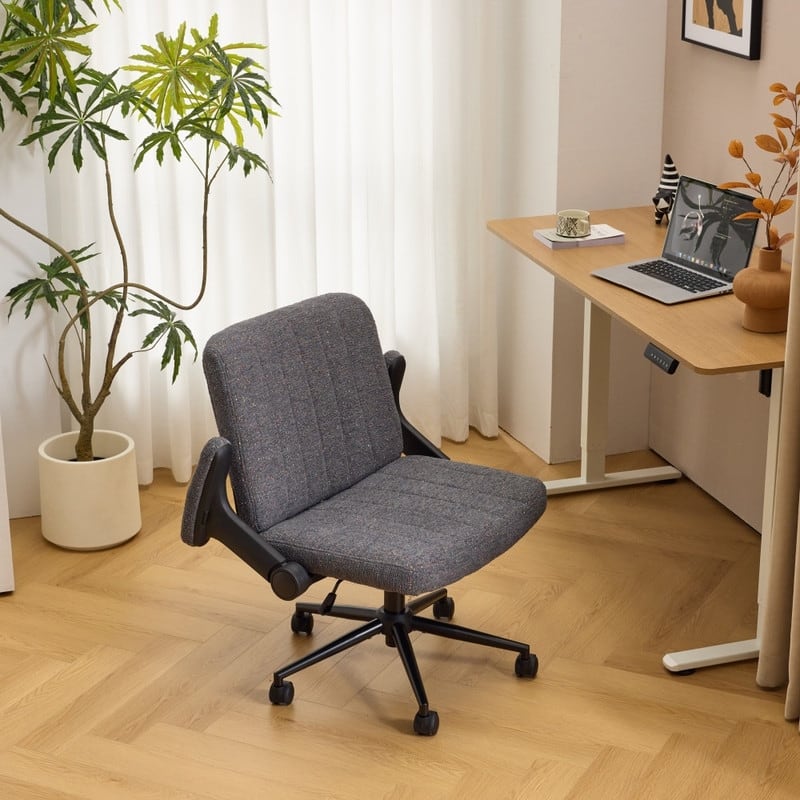 Speckled Chenille Swivel Chair With Flip-Up Arms For Cross-Legged