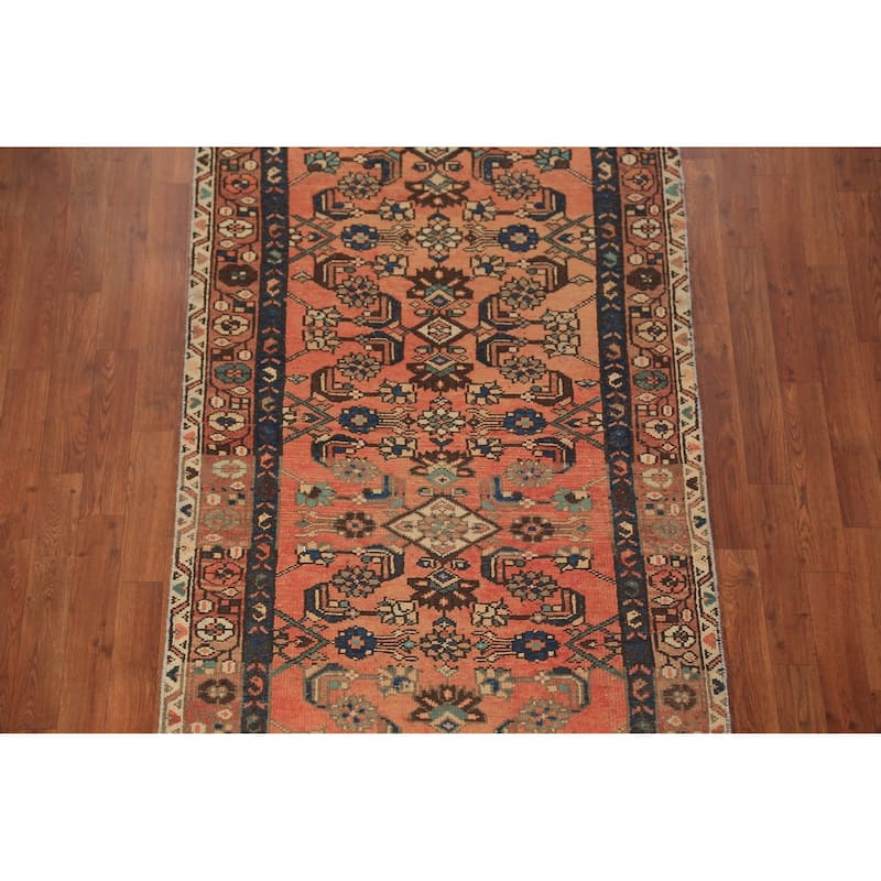 Geometric Hamedan Persian Runner Rug Orange Hand-Knotted Wool Carpet - 3'4"x 13'6"