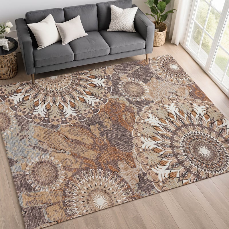 Machine Washable Indoor/ Outdoor Traditional Pinwheel Chantille Rug