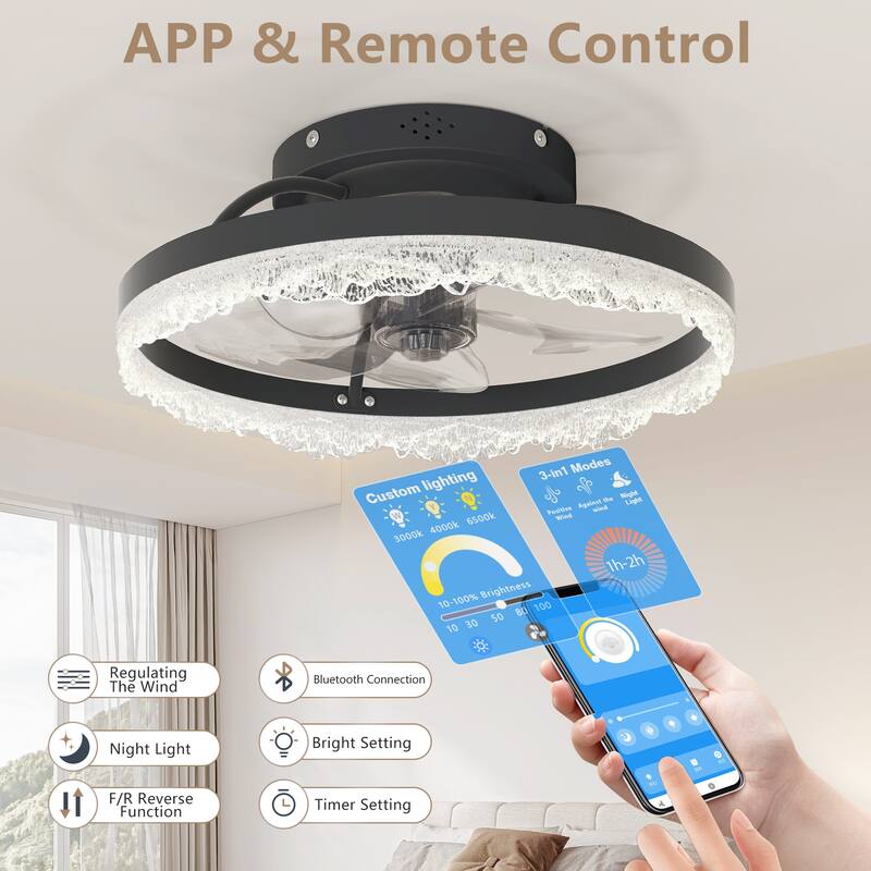 16" Decorative LED Ceiling Fan Light - Modern Flush Mount with Crystal-Inspired Acrylic Ring, Hidden Blades, Remote Control