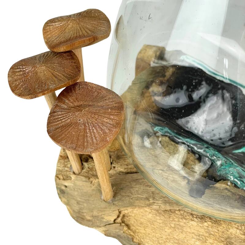 Handcrafted Glass And Teak Vase With Wood Mushroom Embellishments,
