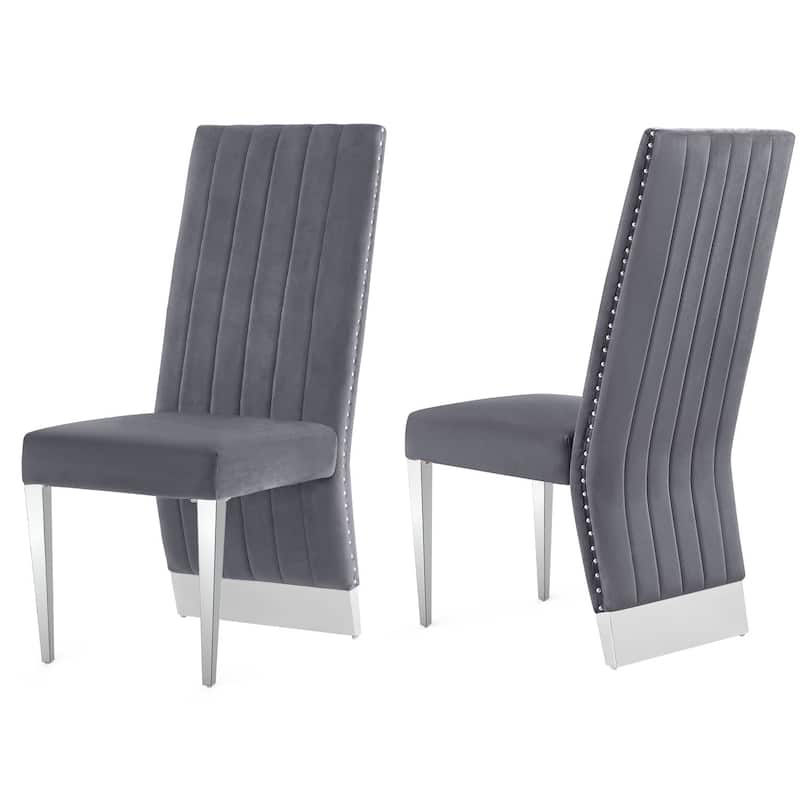Modern Channel High Back Dining Chairs with Nailhead Trims and Polished Metal Legs - Gray/Silver