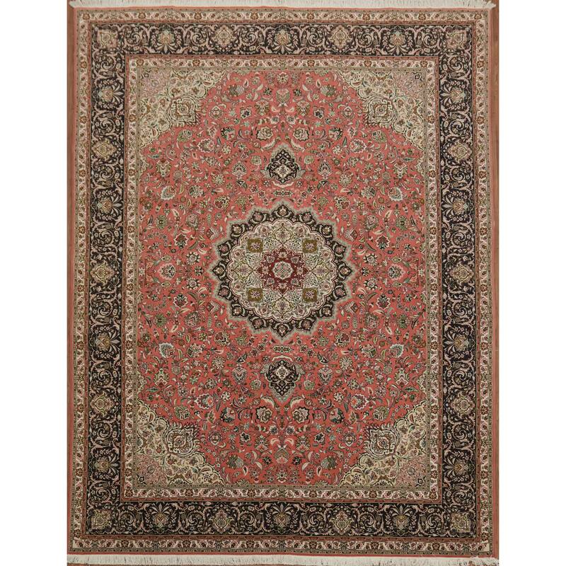 Hand Knotted Oriental Wool & Silk Carpet Traditional Floral Red Tabriz Area Rug - 13' 0'' X 9' 10''