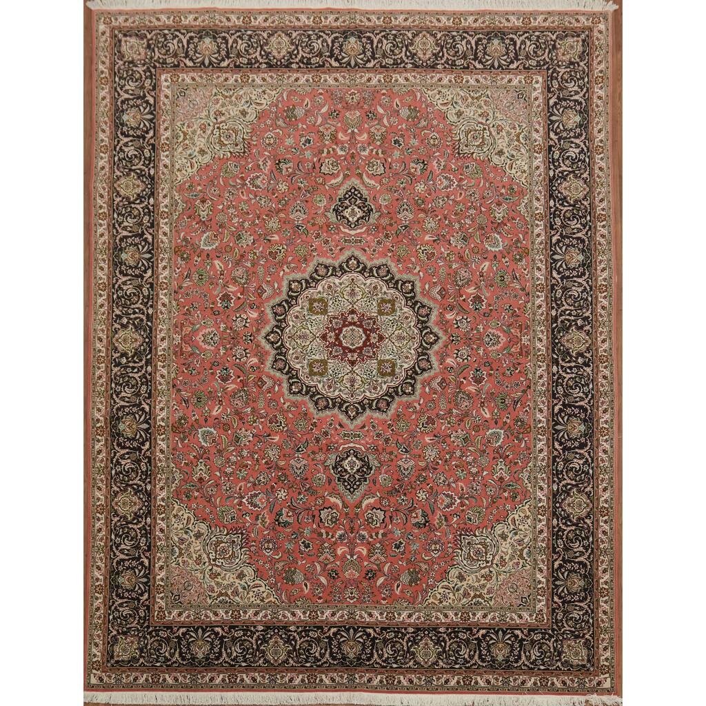 Hand Knotted Oriental Wool & Silk Carpet Traditional Floral Red Tabriz Area Rug - 13' 0'' X 9' 10''