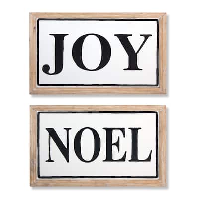 "Noel" and "Joy" Christmas Wall Signs 16.75" Brown and White Set of 2
